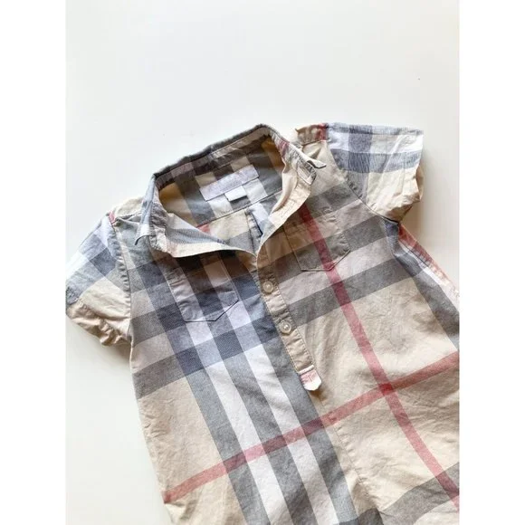 Kids' BURBERRY Light Tan Nova Check Plaid One Piece Jumpsuit Romper, Size 6M - Picture 2 of 12